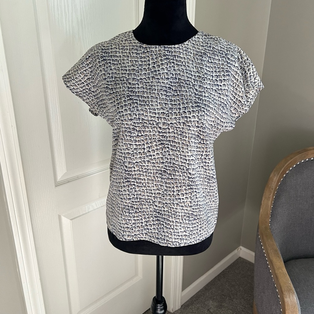 Blue and Cream Boxy Cap Sleeve Blouse
